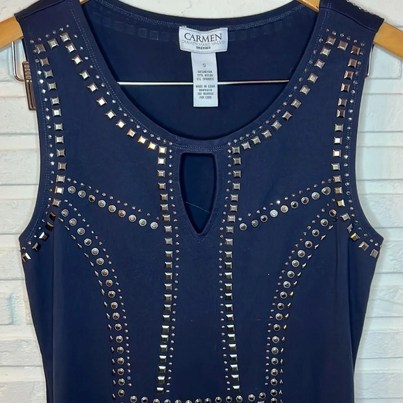 Carmen Marc Valvo Black Studded Mini Fitted Sheath Dress, Women’s Size Small - Picture 2 of 7